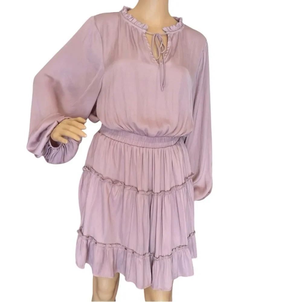 Glam Boho Ruffled Ballon Long Sleeve Mini Dress Blush Mauve Pink Size Large